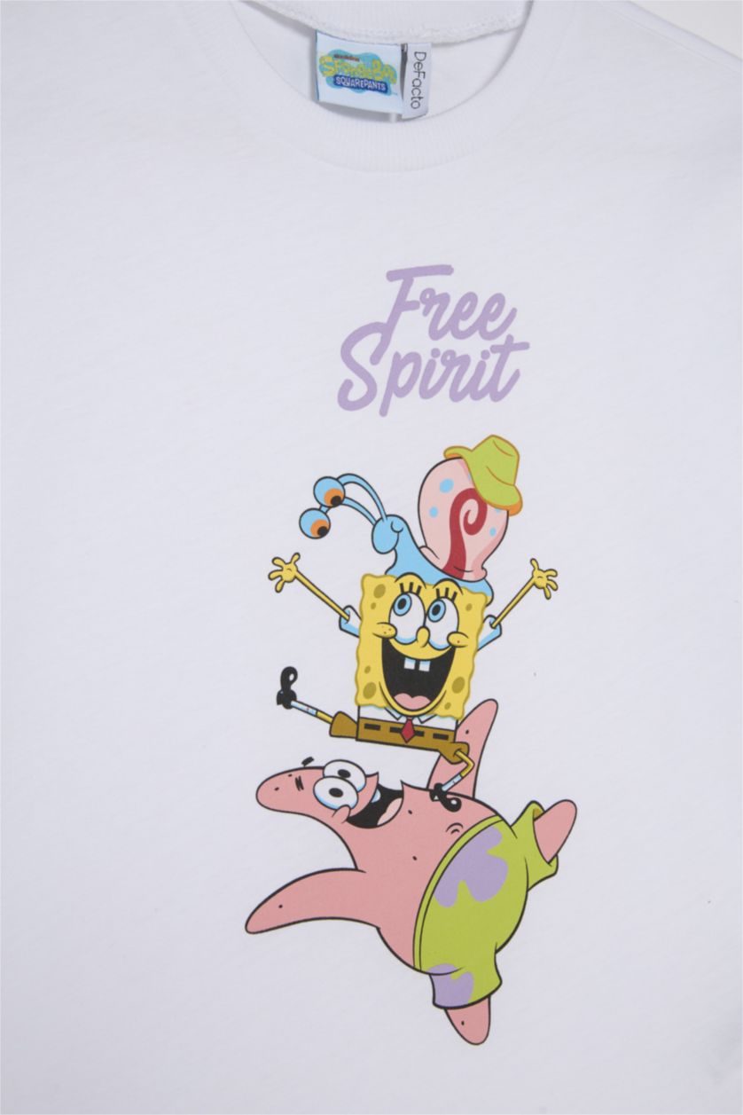 Kız Çocuk - Genç Kız Beyaz %100 Pamuk SpongeBob Oversıze Bisiklet Yaka Kısa Kollu Tişört Kız Çocuk