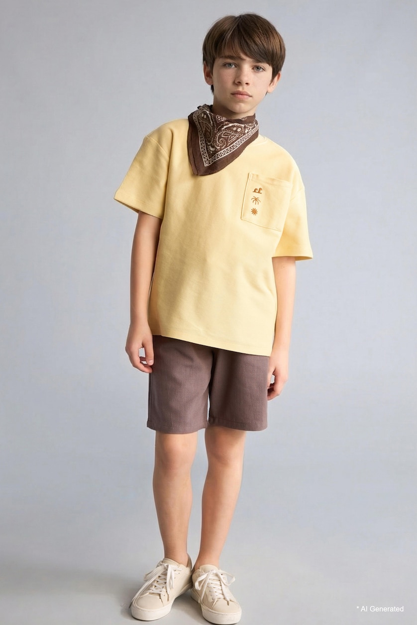 Young Boys - Teen Boys Yellow Boy Oversize Crew Neck Embroidered T-Shirt