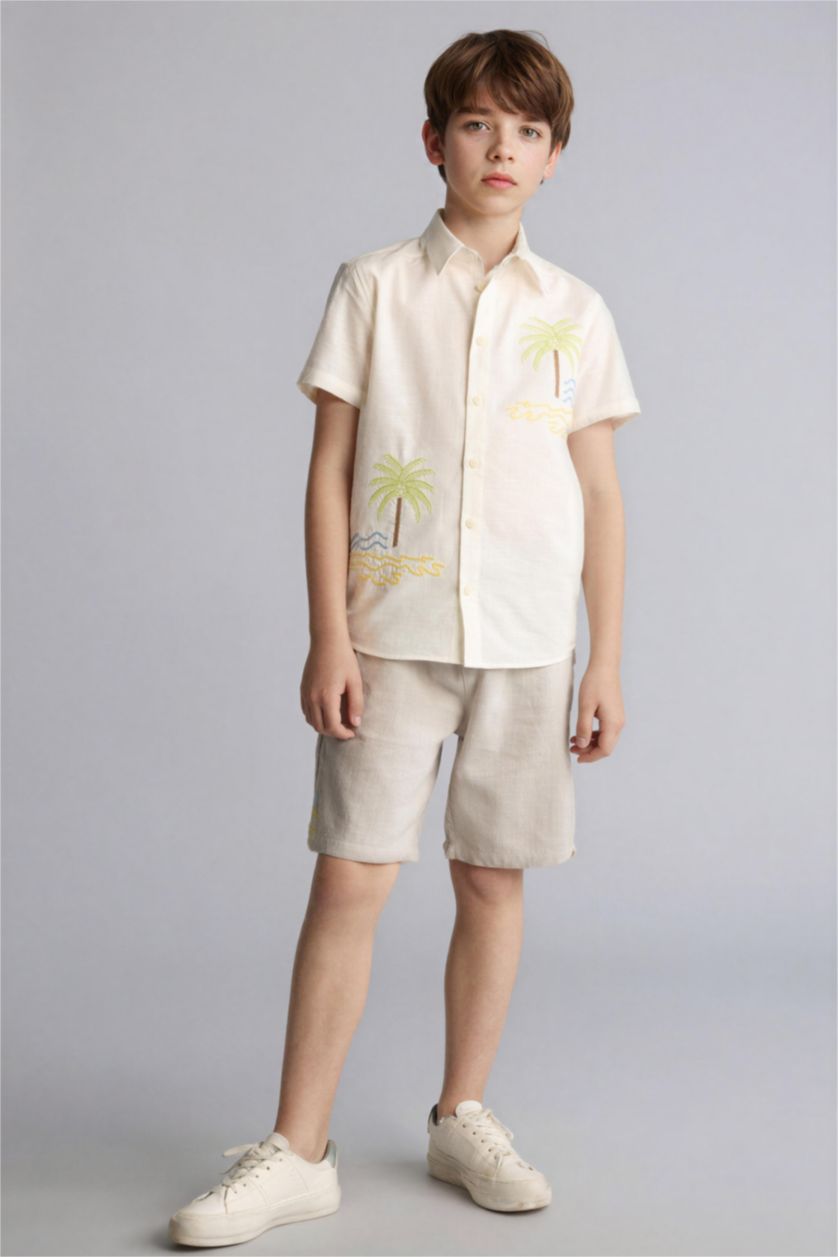BOYS & TEENS Ecru Oversize Fit Tropical Patterned Short Sleeve Shirt