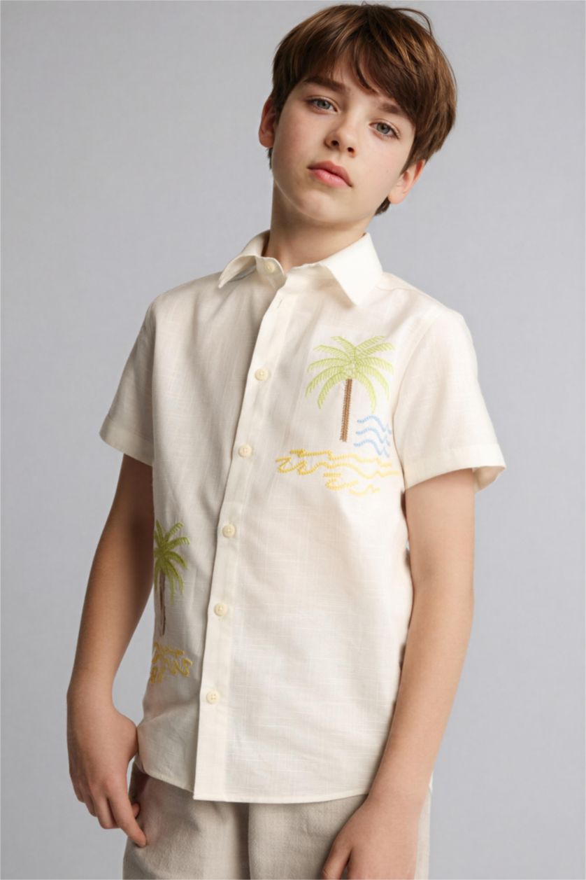 BOYS & TEENS Ecru Oversize Fit Tropical Patterned Short Sleeve Shirt