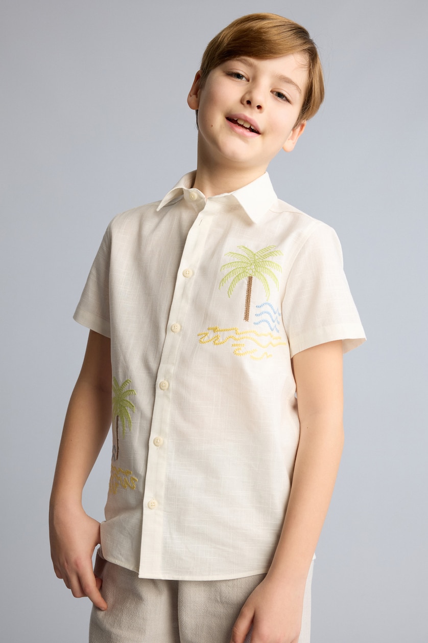Young Boys - Teen Boys Ecru Boy Oversize Fit Tropical Patterned Short Sleeve Shirt