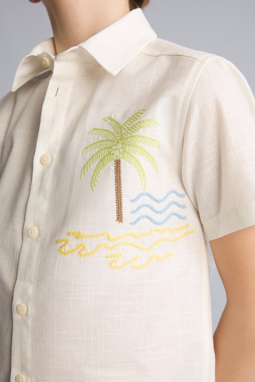 Young Boys - Teen Boys Ecru Boy Oversize Fit Tropical Patterned Short Sleeve Shirt