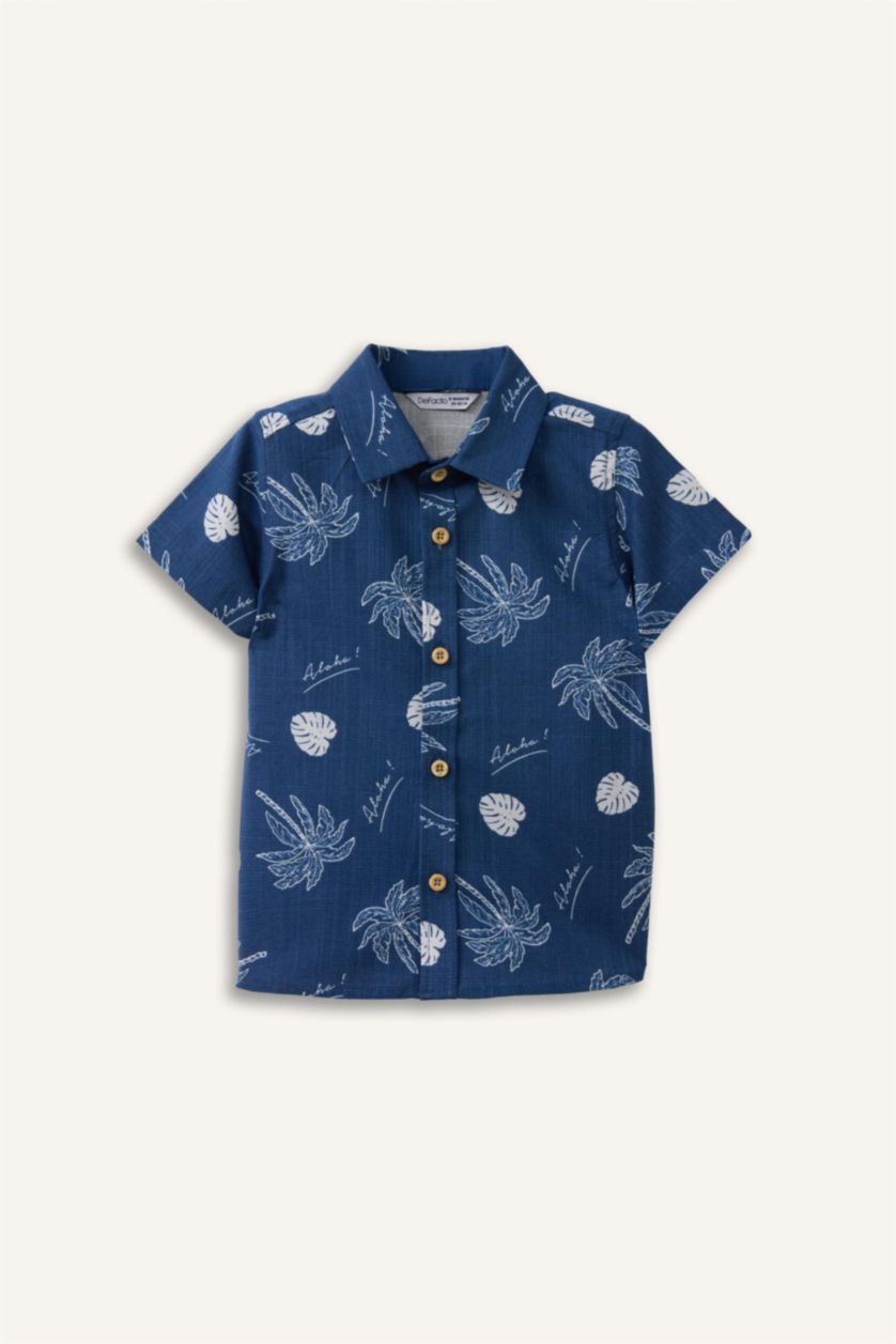 BABY BOY Dark Blue Baby Boy Oversize Fit Tropical Patterned Short Sleeve Shirt
