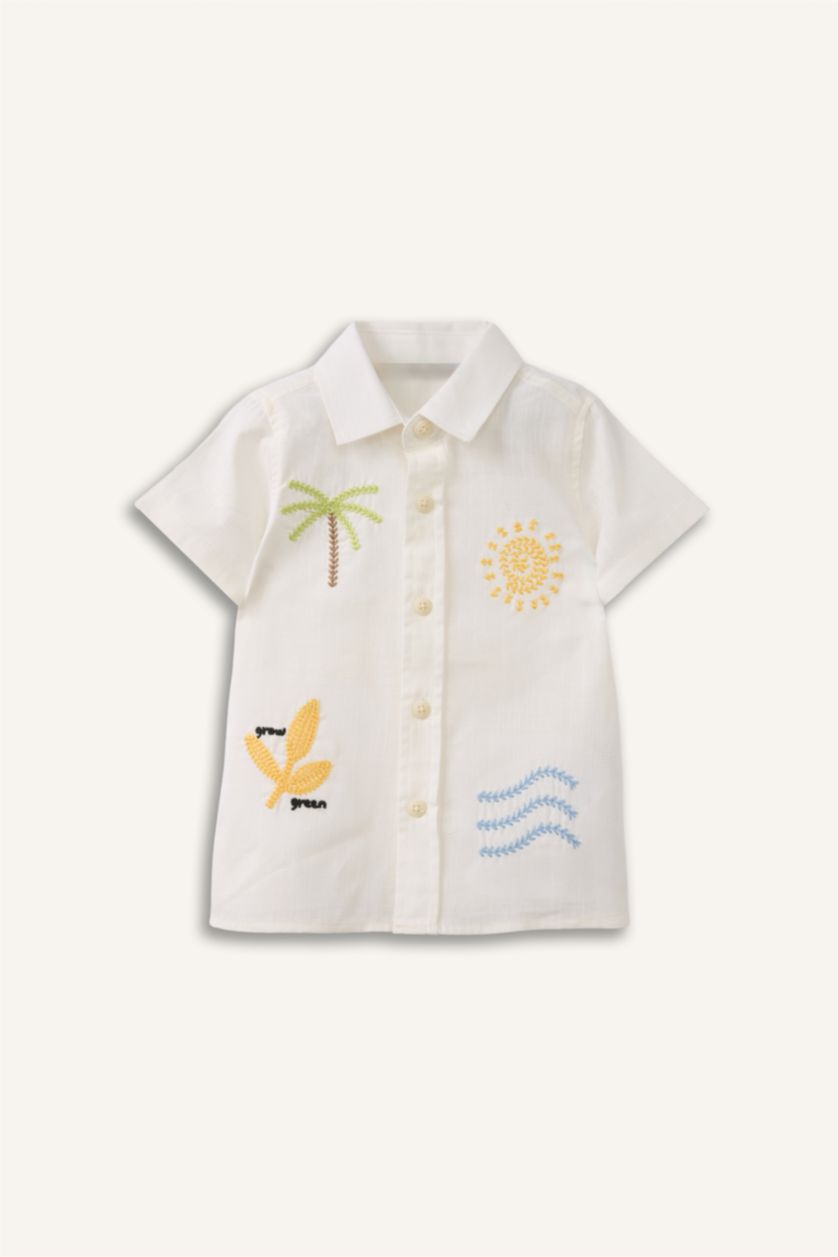 Erkek Bebek Ekru Tropikal Desenli Gömlek Erkek Bebek