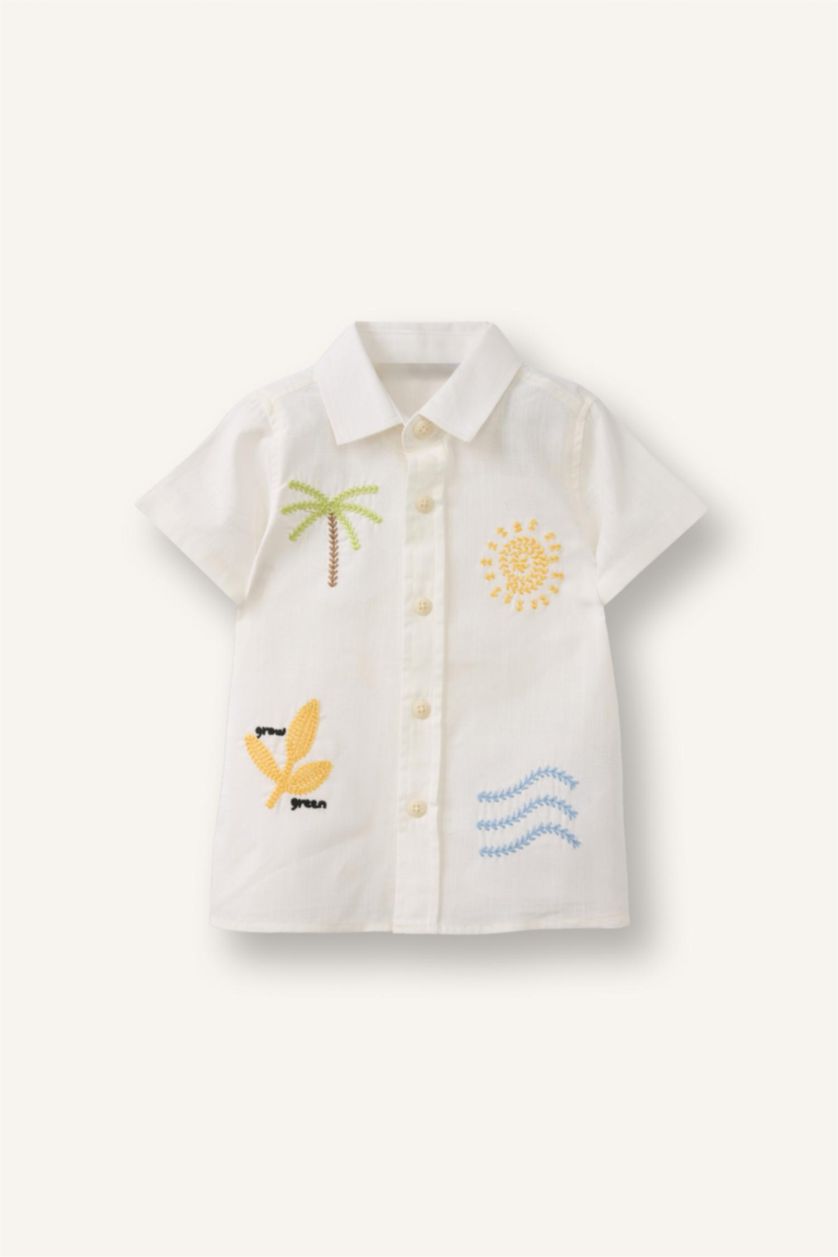 مولود ذكر بيج فاتح Baby Boy Oversize Fit Tropical Patterned Short Sleeve Shirt