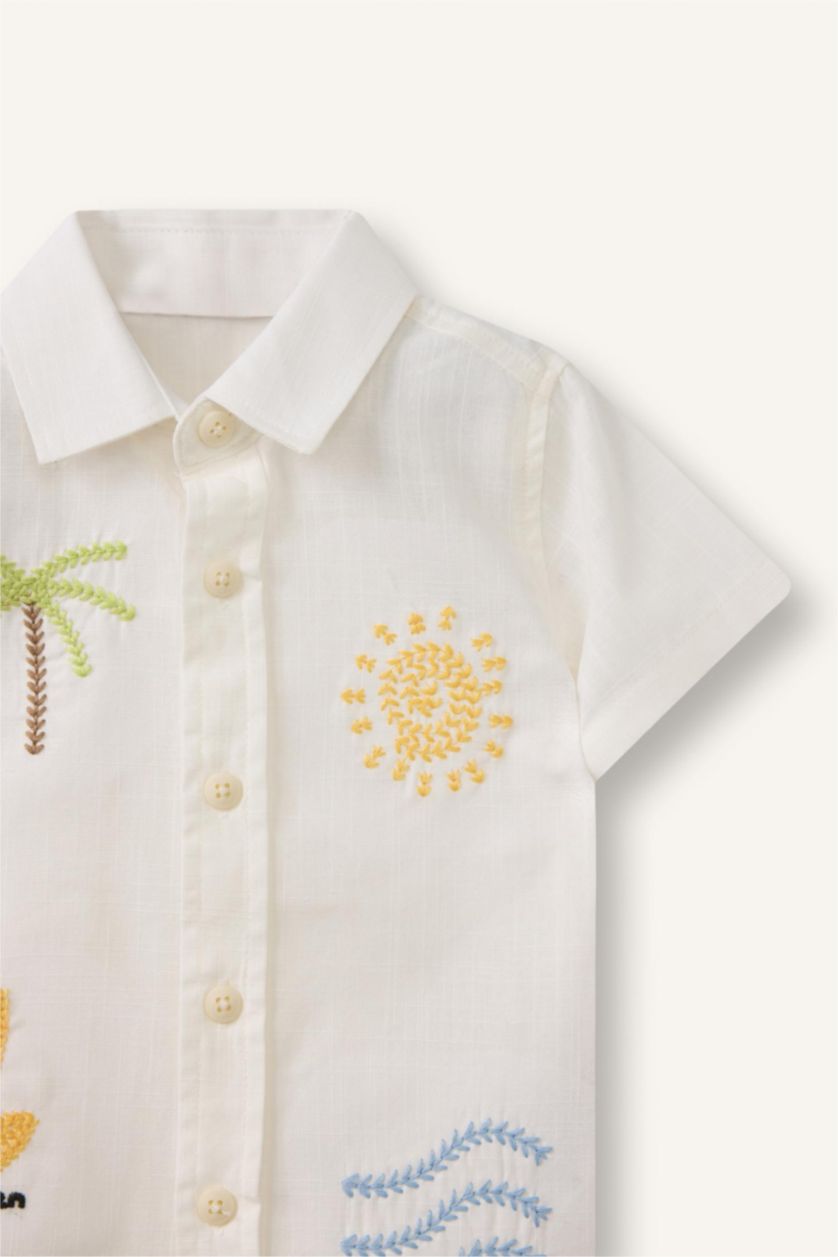 مولود ذكر بيج فاتح Baby Boy Oversize Fit Tropical Patterned Short Sleeve Shirt