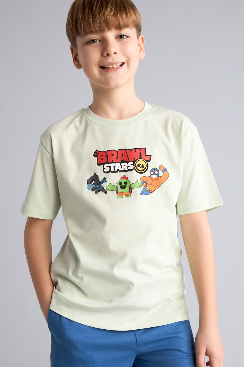 Erkek Çocuk - Genç Erkek Mint %100 Pamuk Brawl Stars Oversıze Bisiklet Yaka Kısa Kollu Tişört Erkek Çocuk