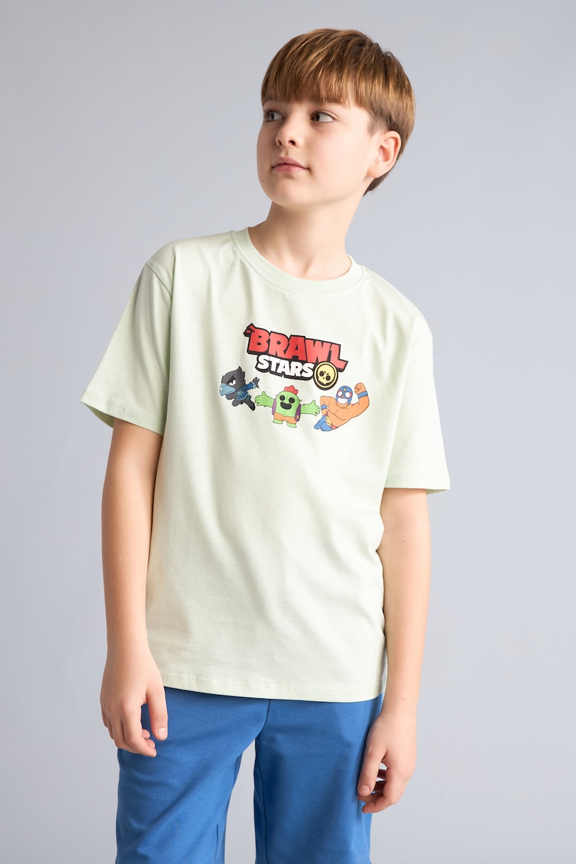 Erkek Çocuk - Genç Erkek Mint %100 Pamuk Brawl Stars Oversıze Bisiklet Yaka Kısa Kollu Tişört Erkek Çocuk