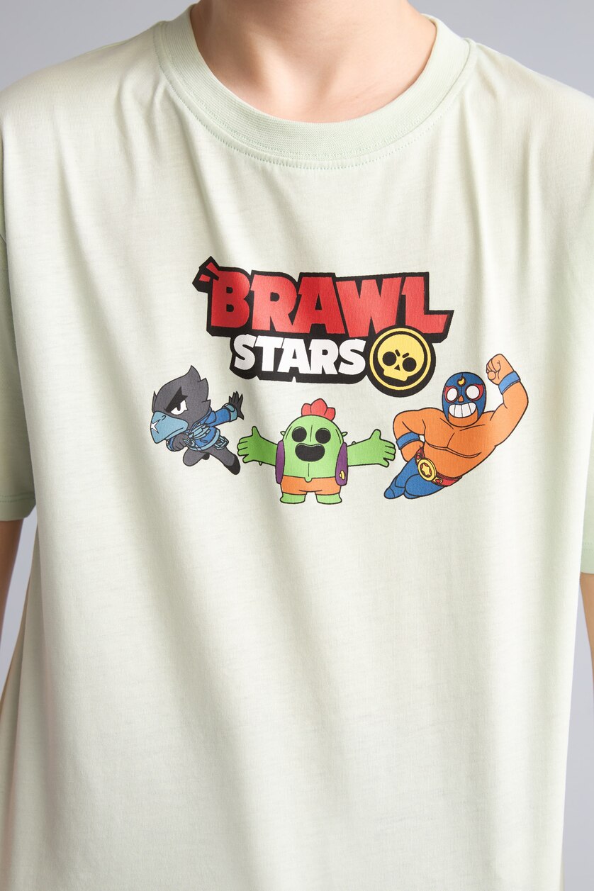 Erkek Çocuk - Genç Erkek Mint %100 Pamuk Brawl Stars Oversıze Bisiklet Yaka Kısa Kollu Tişört Erkek Çocuk