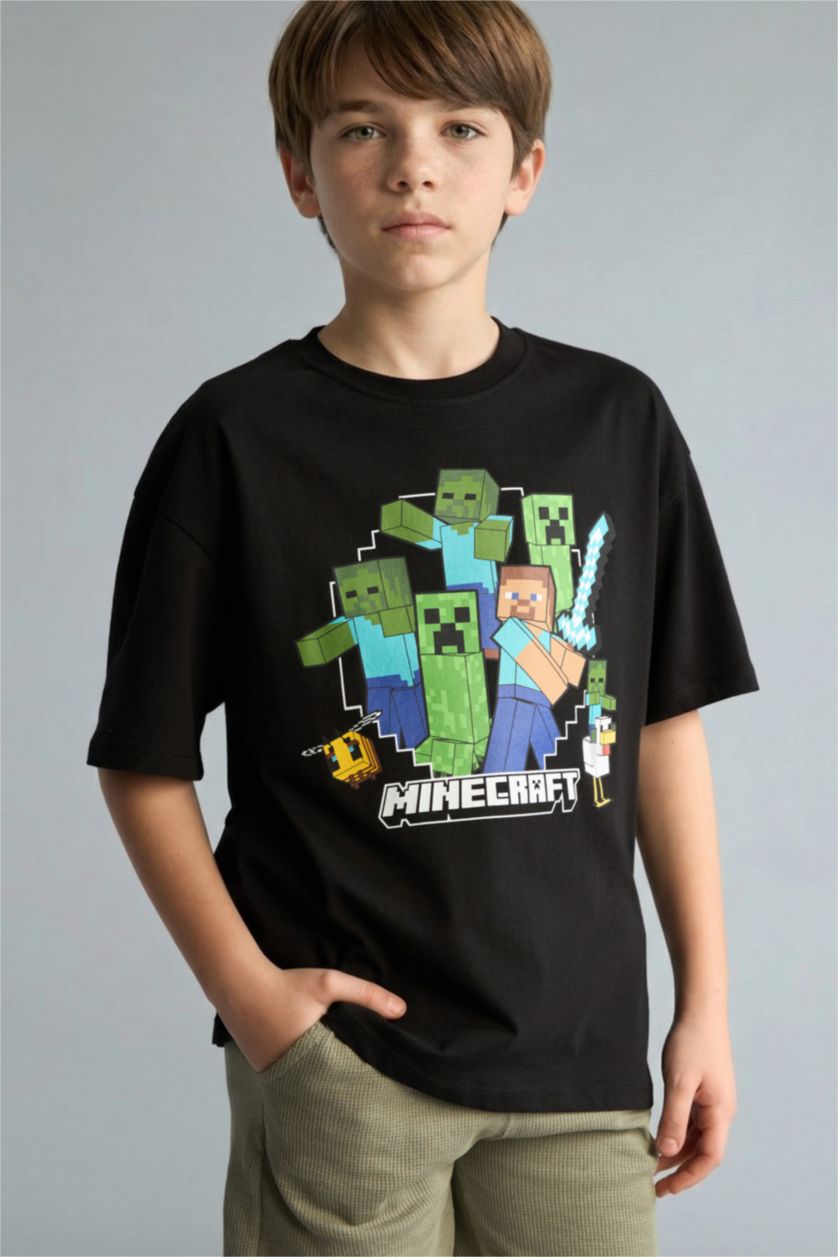 Erkek Çocuk - Genç Erkek Siyah Minecraft Oversize Kısa kollu Tişört Erkek Çocuk