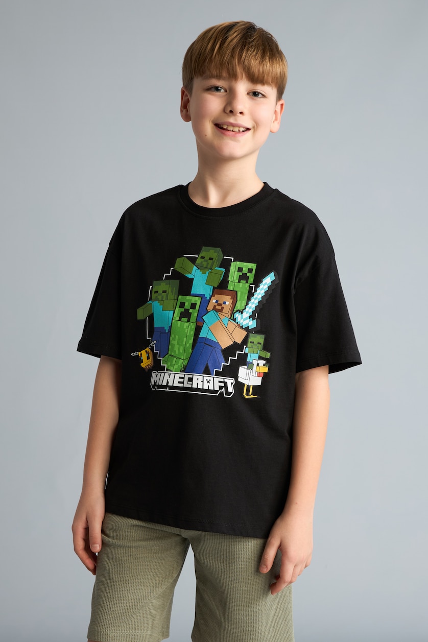 Young Boys - Teen Boys Black Oversize Fit Minecraft Licensed Short Sleeve T-Shirt