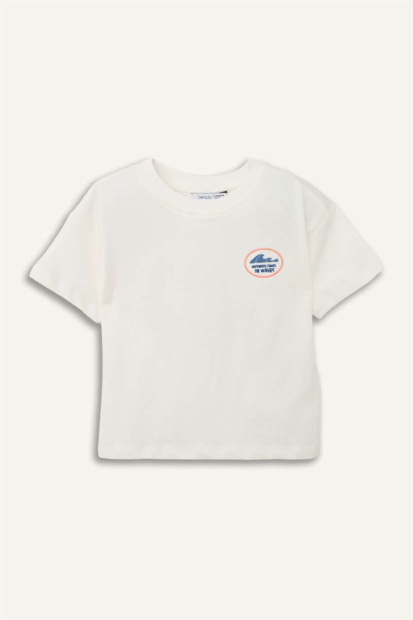 Erkek Bebek Kırık Beyaz Oversıze Palmiye Desenli Kısa Kollu Tişört Erkek Bebek