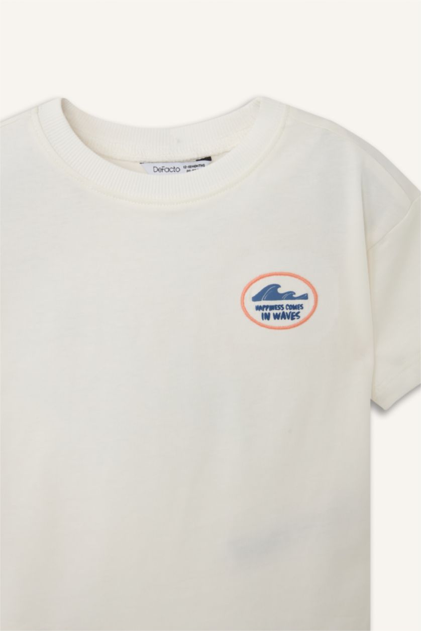 Erkek Bebek Kırık Beyaz Oversıze Palmiye Desenli Kısa Kollu Tişört Erkek Bebek