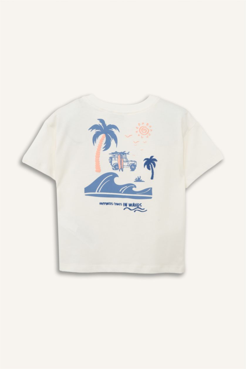 Erkek Bebek Kırık Beyaz Oversıze Palmiye Desenli Kısa Kollu Tişört Erkek Bebek