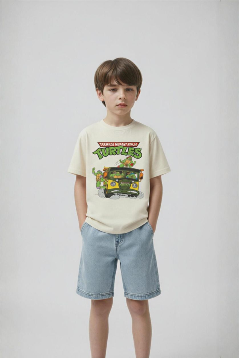 Erkek Çocuk - Genç Erkek Ekru Nınja Turtles-Retro New Regular Fıt Bisiklet Yaka Kısa Kollu Tişört Erkek Çocuk