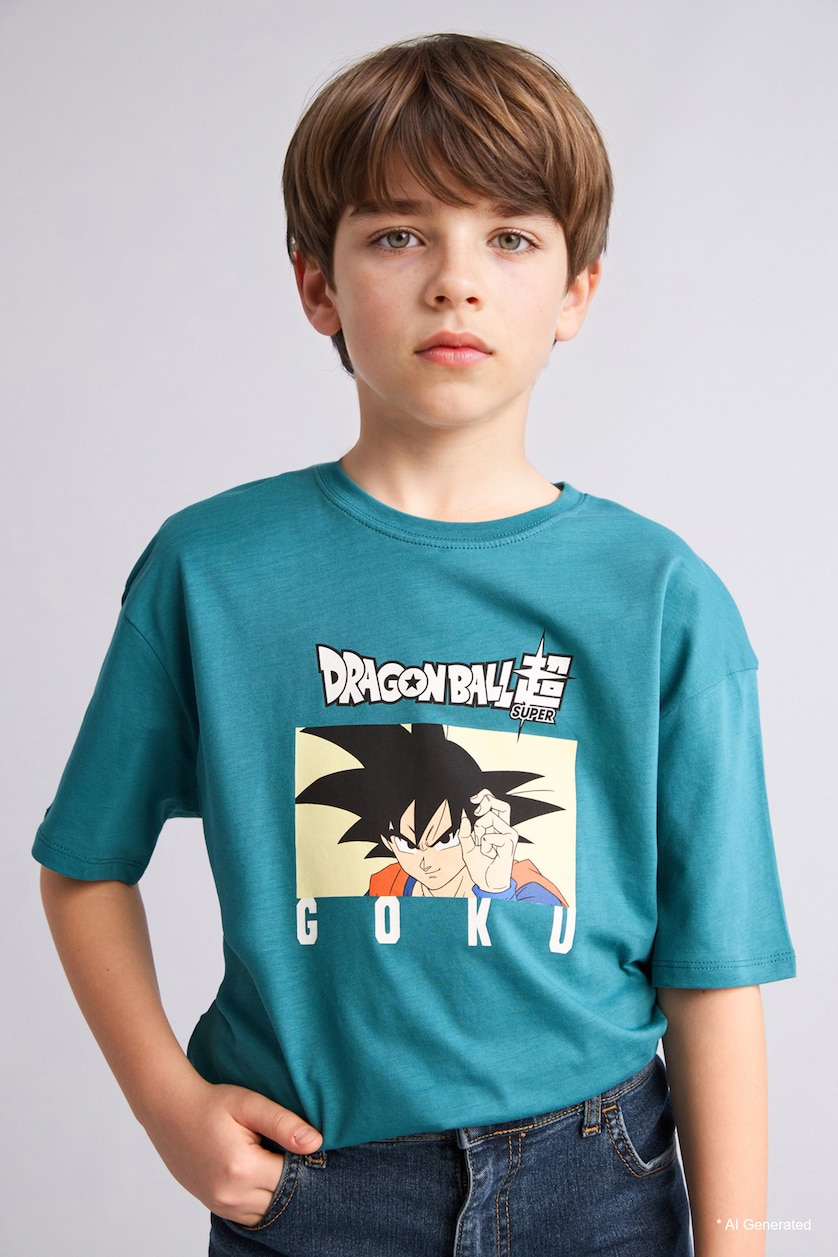 Erkek Çocuk - Genç Erkek Yeşil %100 Pamuk Dragon Ball Oversıze Bisiklet Yaka Kısa Kollu Tişört Erkek Çocuk