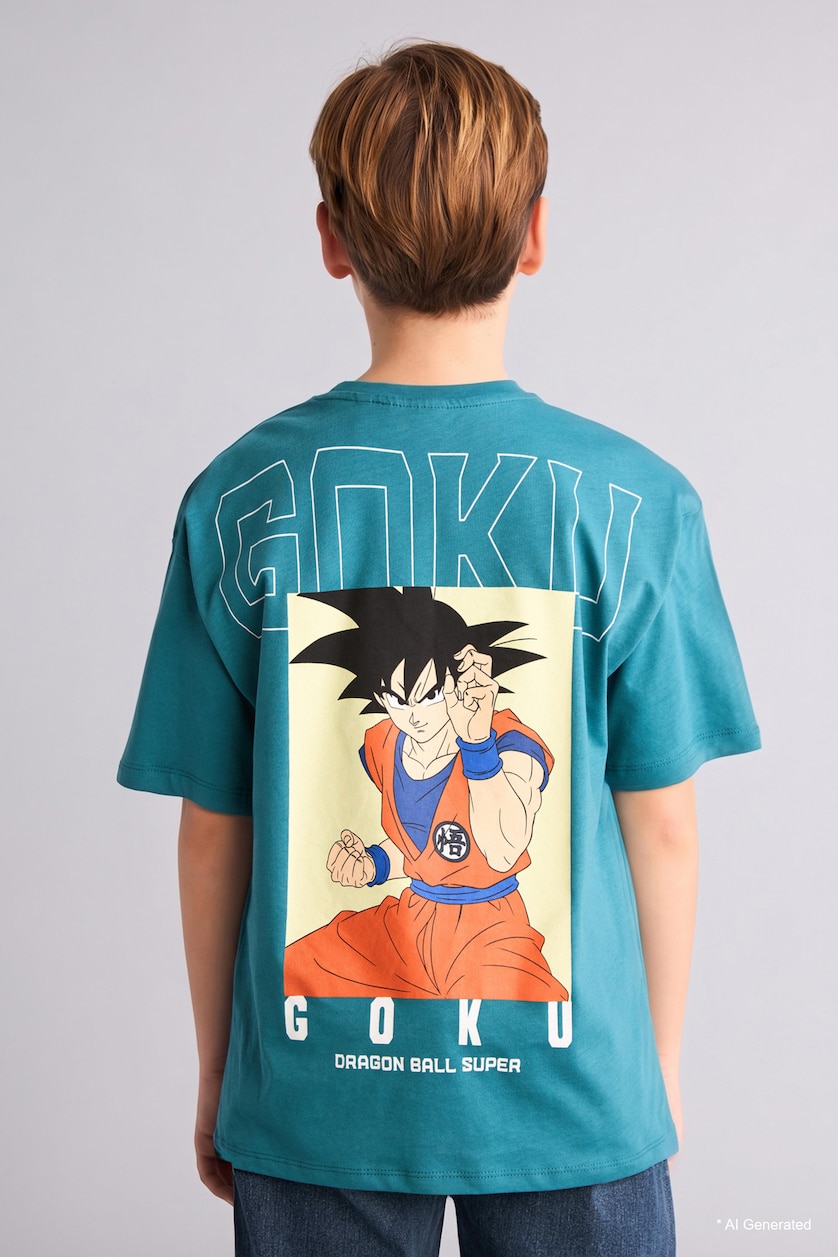 Erkek Çocuk - Genç Erkek Yeşil %100 Pamuk Dragon Ball Oversıze Bisiklet Yaka Kısa Kollu Tişört Erkek Çocuk