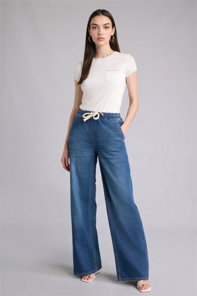 Women Blue High Waist Wide Leg Trousers