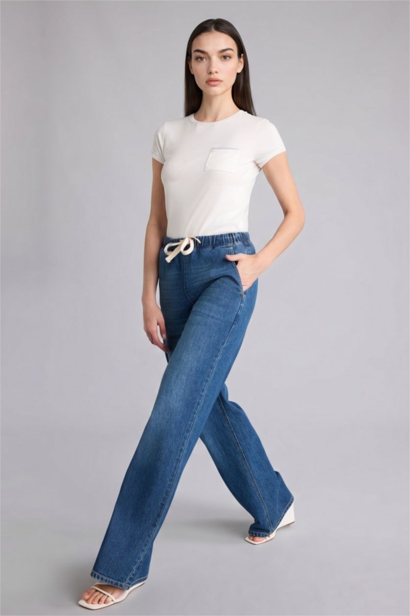 Women Blue High Waist Wide Leg Trousers
