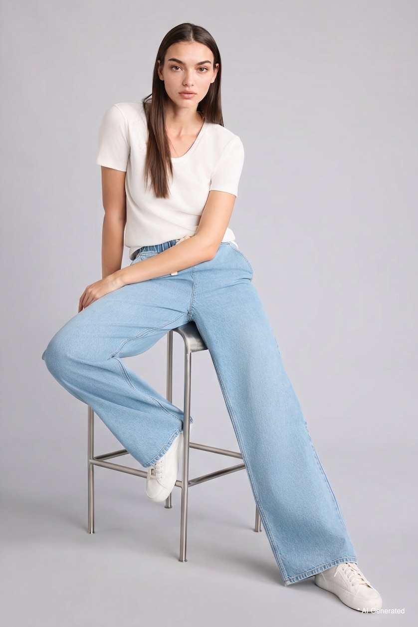 Kadın Açık Mavi Wide Leg Orta Bel Jean