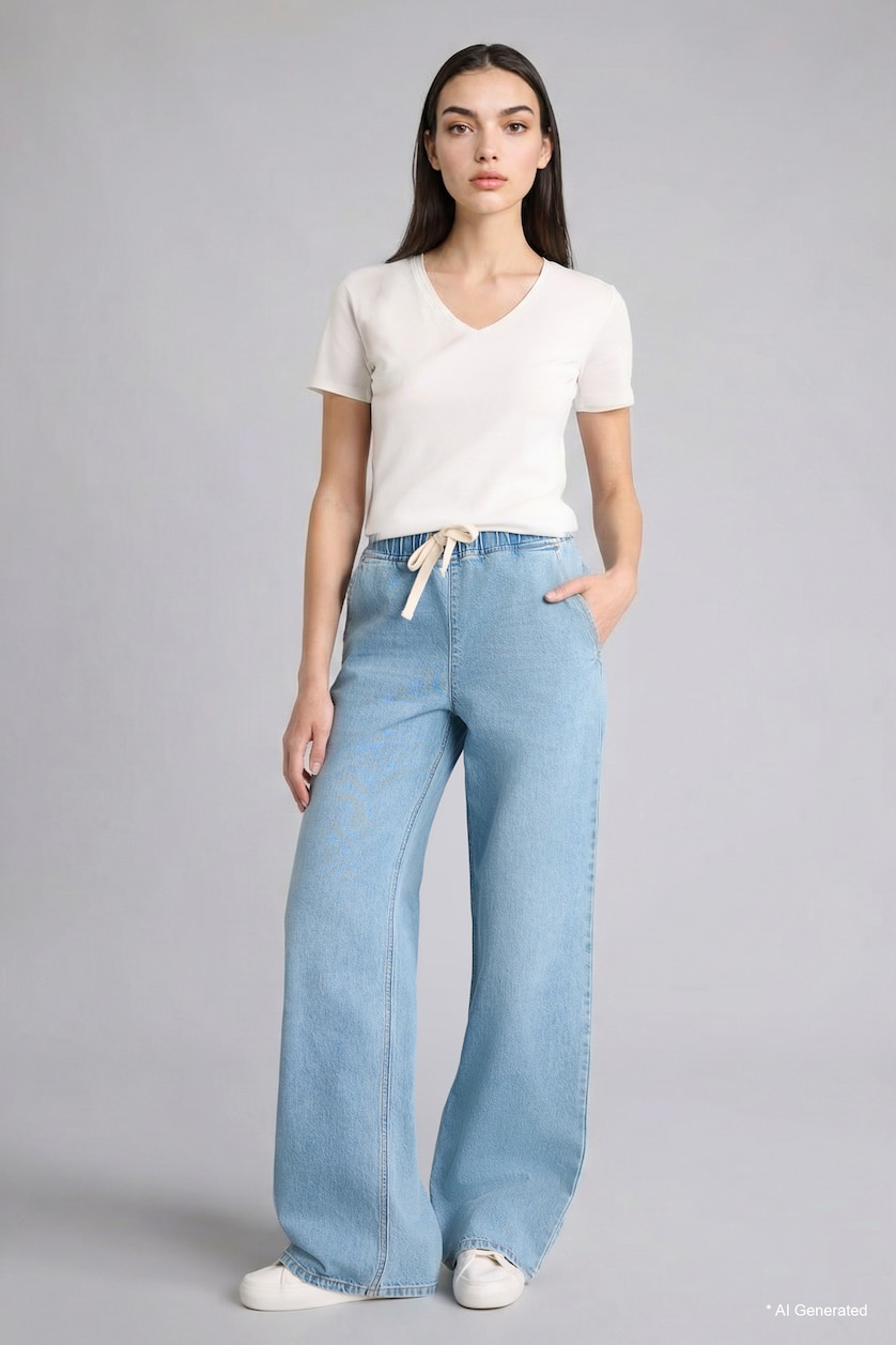 Kadın Açık Mavi Wide Leg Orta Bel Jean