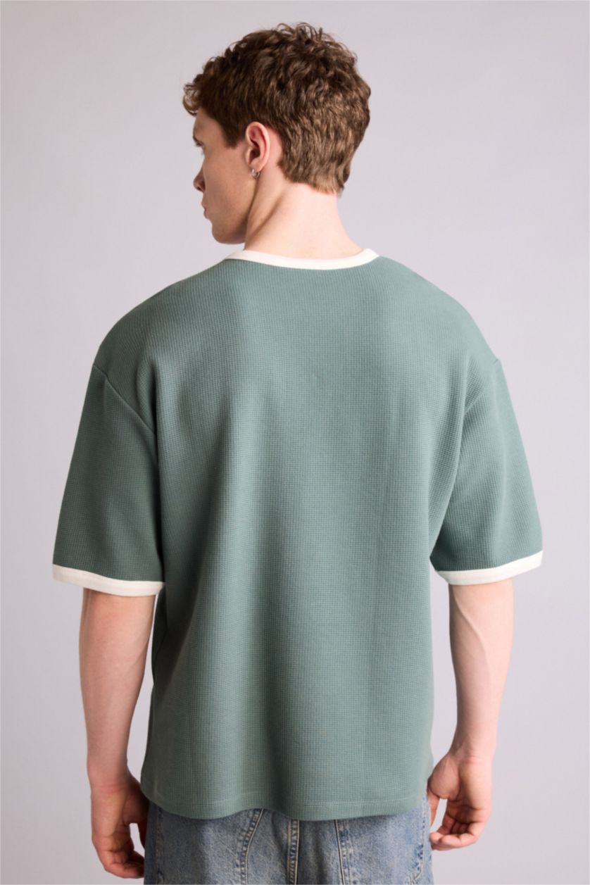 Erkek Yeşil Boxy Fıt Baskılı Waffle  Tişört