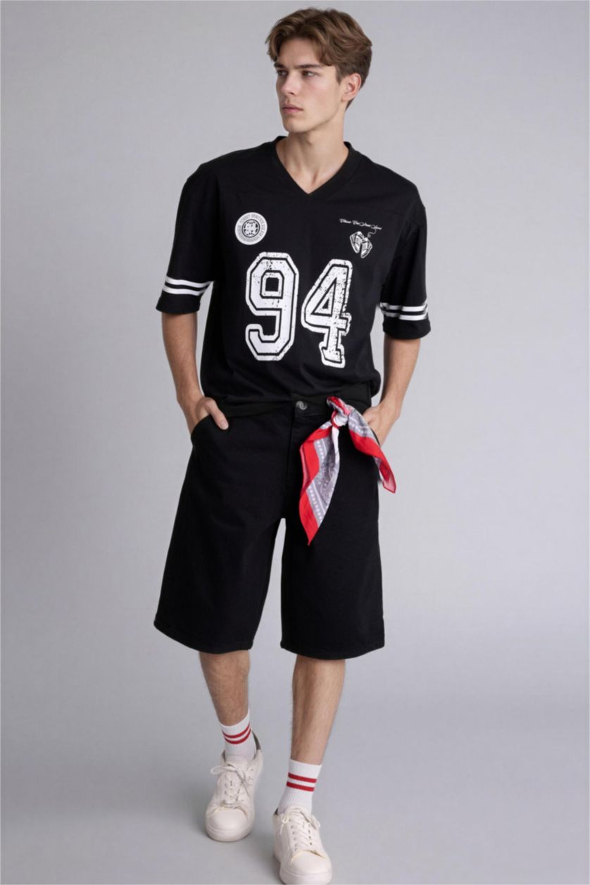 Erkek Siyah Loose Fıt Baskılı Kısa Kollu Tişört