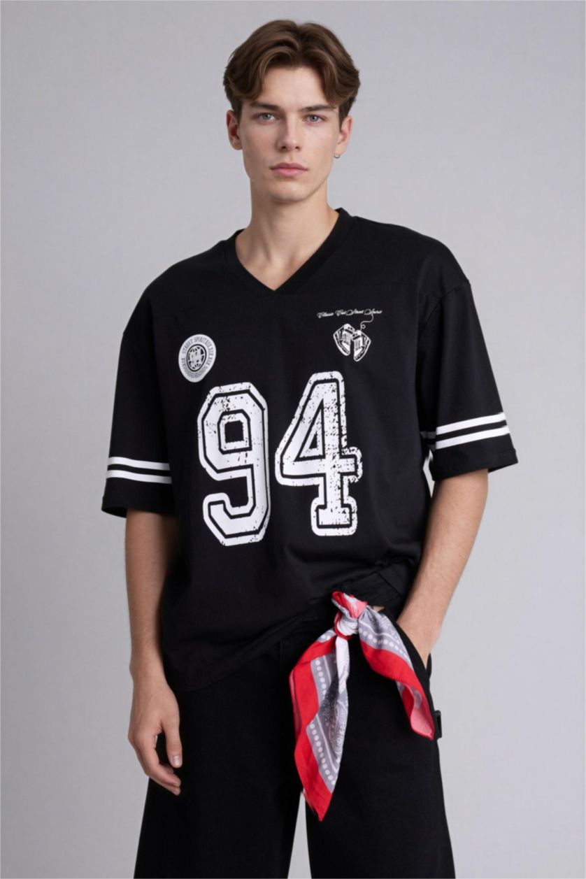 Erkek Siyah Loose Fıt Baskılı Kısa Kollu Tişört