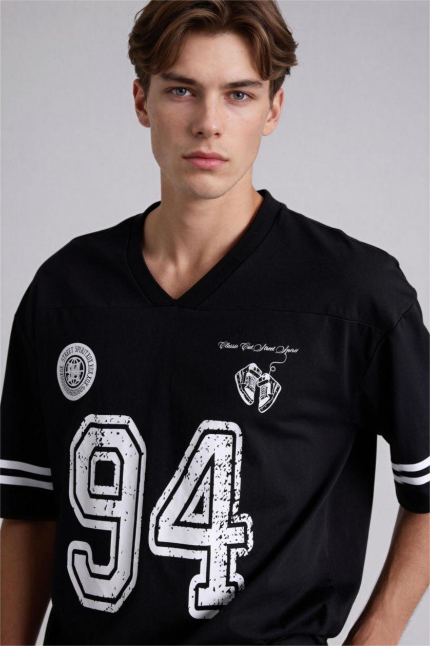 Erkek Siyah Loose Fıt Baskılı Kısa Kollu Tişört