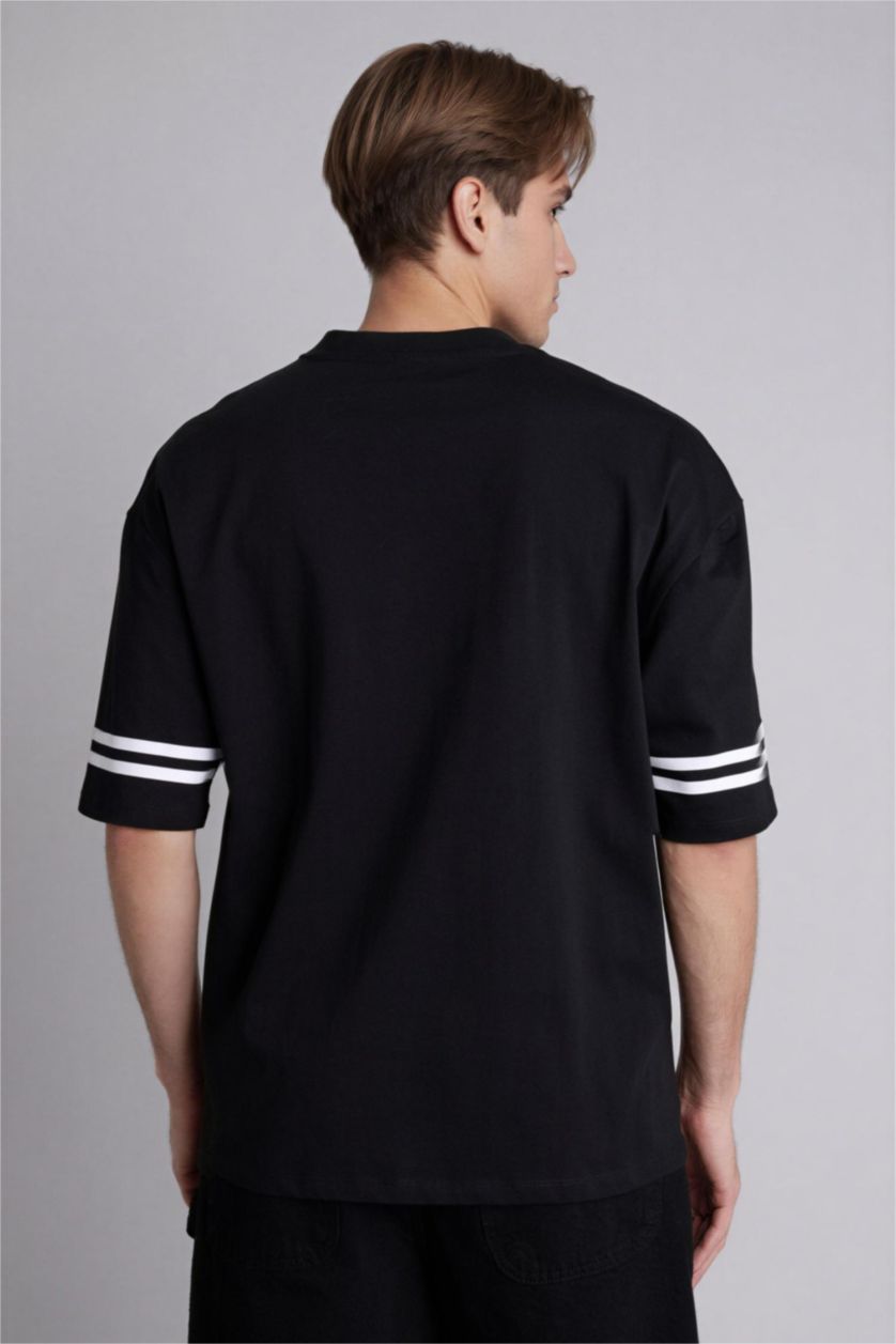 Erkek Siyah Loose Fıt Baskılı Kısa Kollu Tişört