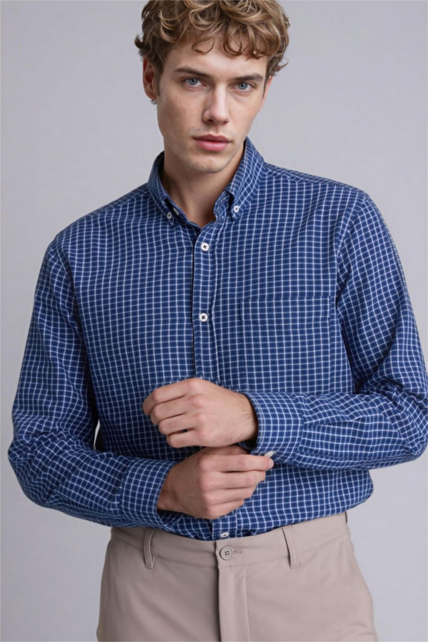 Erkek Koyu İndigo Regular Fıt Polo Yaka Oxford Uzun Kollu Gömlek
