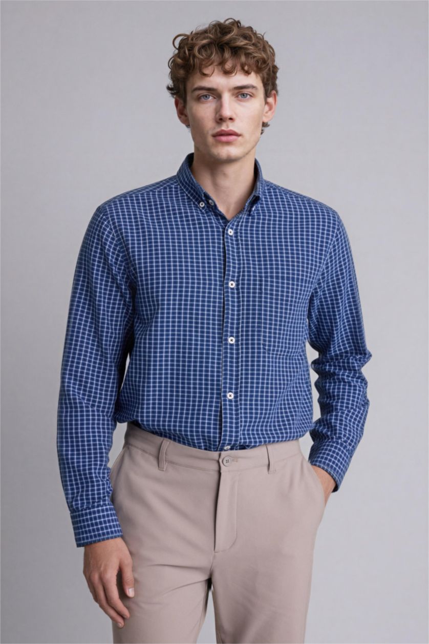 Erkek Koyu İndigo Regular Fıt Polo Yaka Oxford Uzun Kollu Gömlek