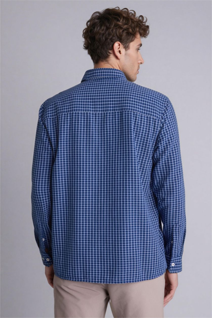 Erkek Koyu İndigo Regular Fıt Polo Yaka Oxford Uzun Kollu Gömlek