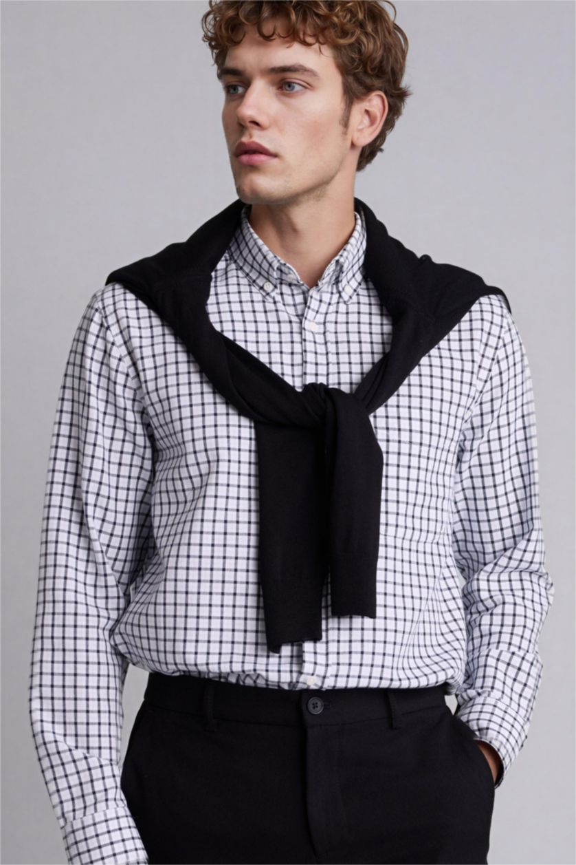 Erkek Lacivert Regular Fıt Polo Yaka Oxford Uzun Kollu Gömlek