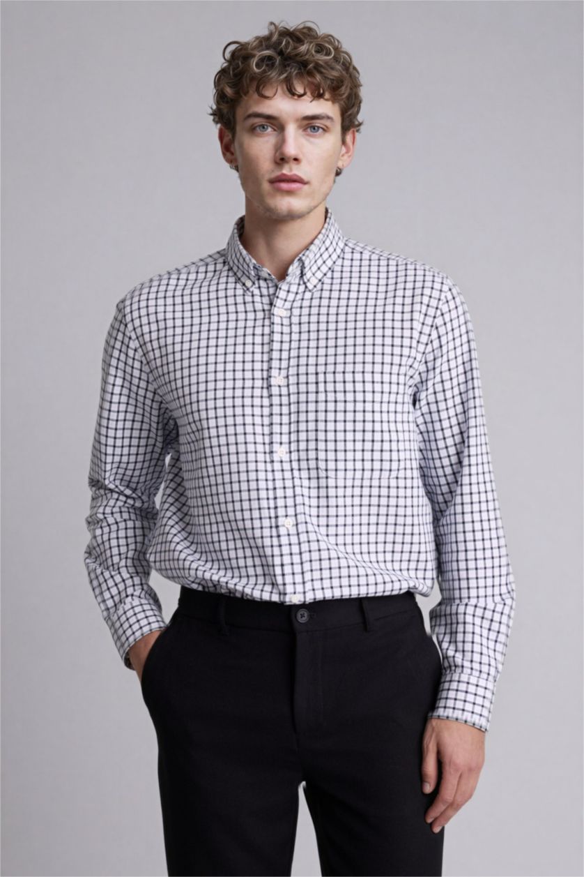 Erkek Lacivert Regular Fıt Polo Yaka Oxford Uzun Kollu Gömlek