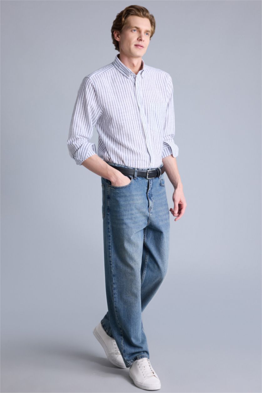 Erkek Lacivert Regular Fıt Polo Yaka Uzun Kollu Gömlek