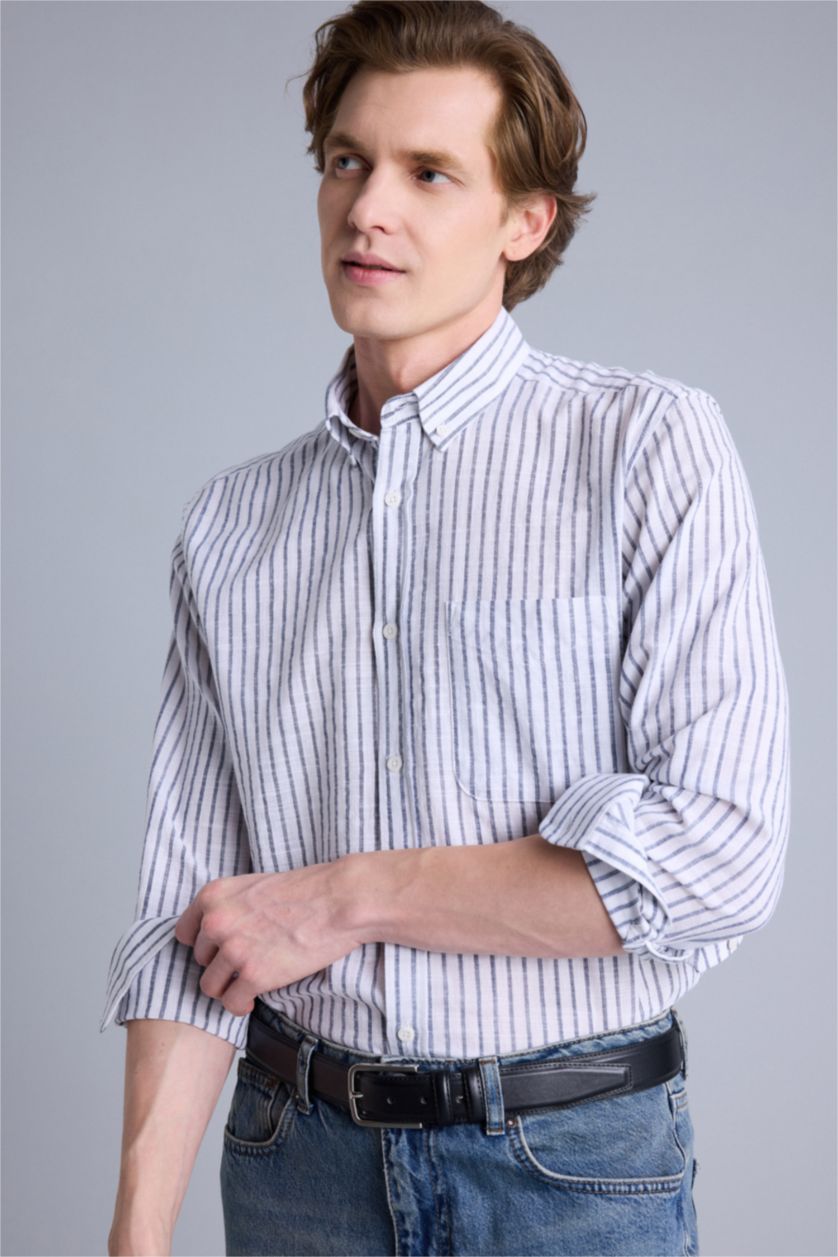 Erkek Lacivert Regular Fıt Polo Yaka Uzun Kollu Gömlek