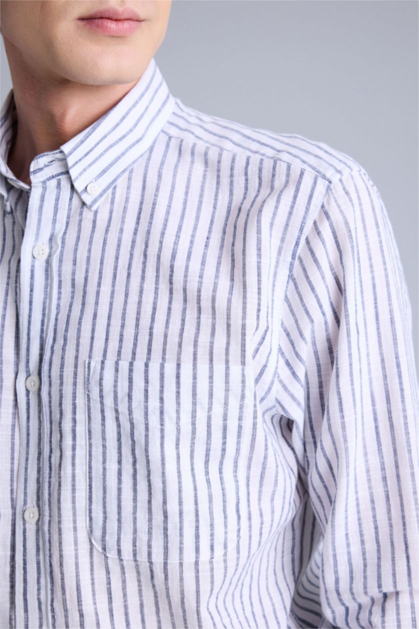 Erkek Lacivert Regular Fıt Polo Yaka Uzun Kollu Gömlek