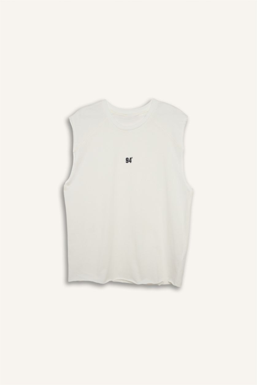 Erkek Ekru Boxy Fıt Slogan Desenli Bisiklet Yaka Atlet