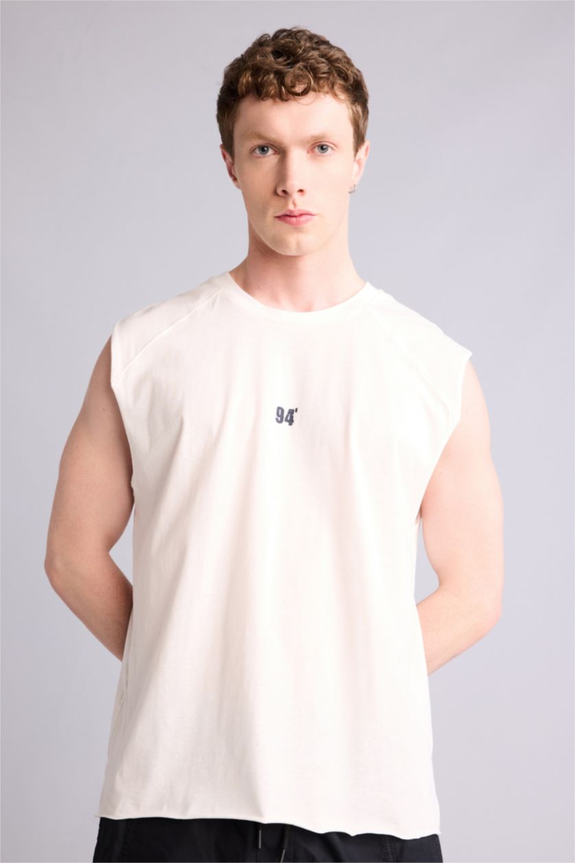MAN Ecru Boxy Fit Slogan Pattern Crew Neck Short Sleeve Tank Top