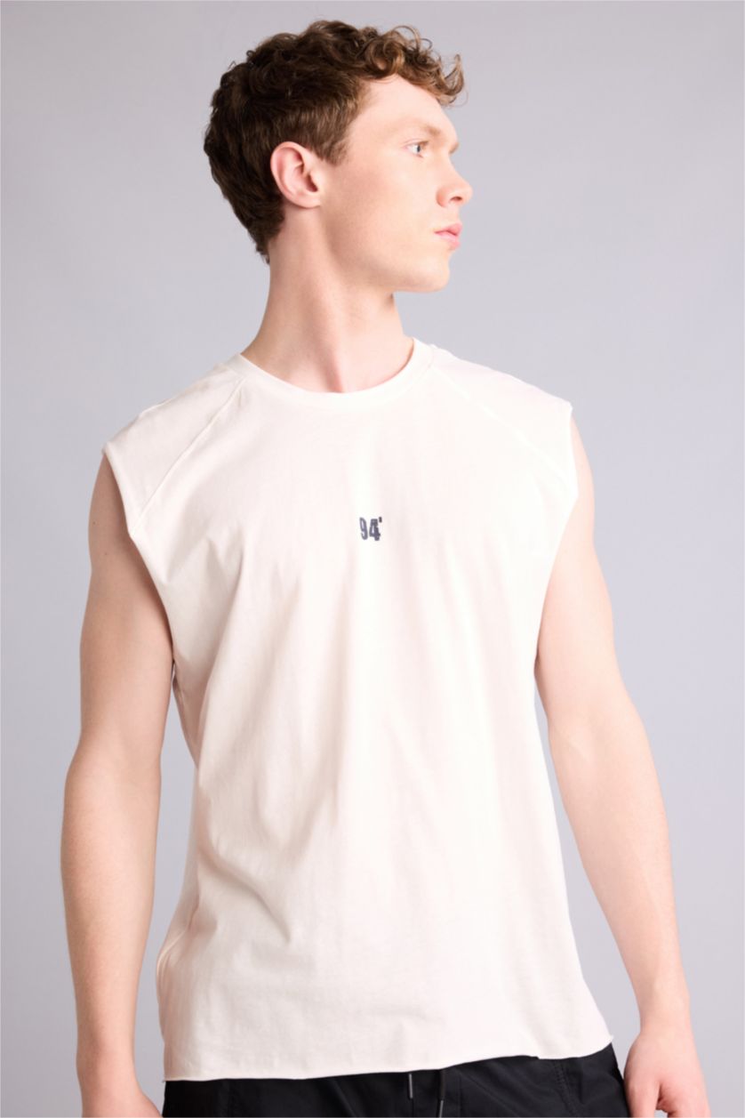 MAN Ecru Boxy Fit Slogan Pattern Crew Neck Short Sleeve Tank Top