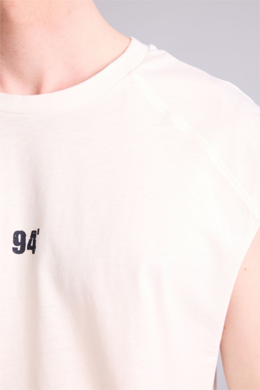 MAN Ecru Boxy Fit Slogan Pattern Crew Neck Short Sleeve Tank Top