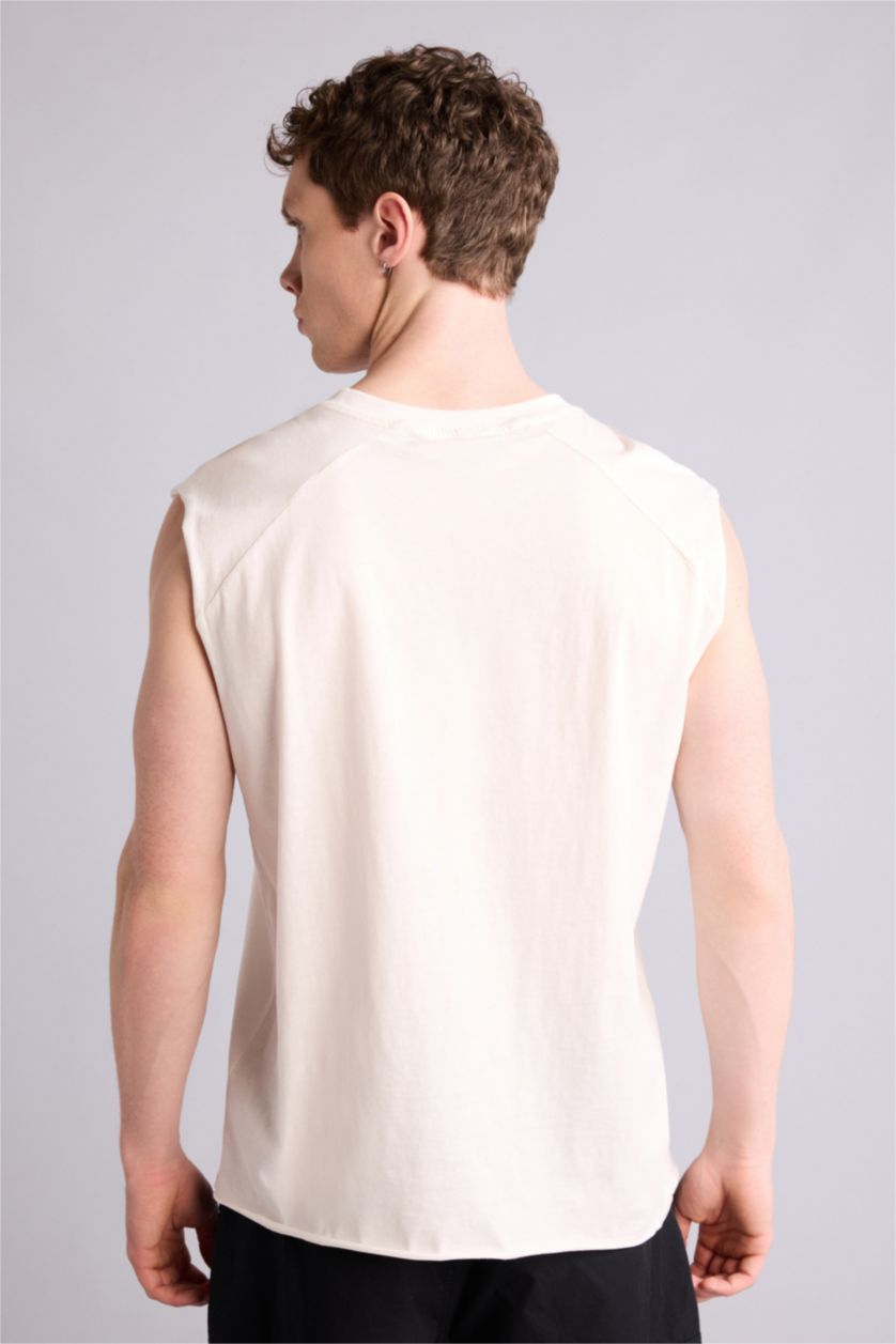 MAN Ecru Boxy Fit Slogan Pattern Crew Neck Short Sleeve Tank Top