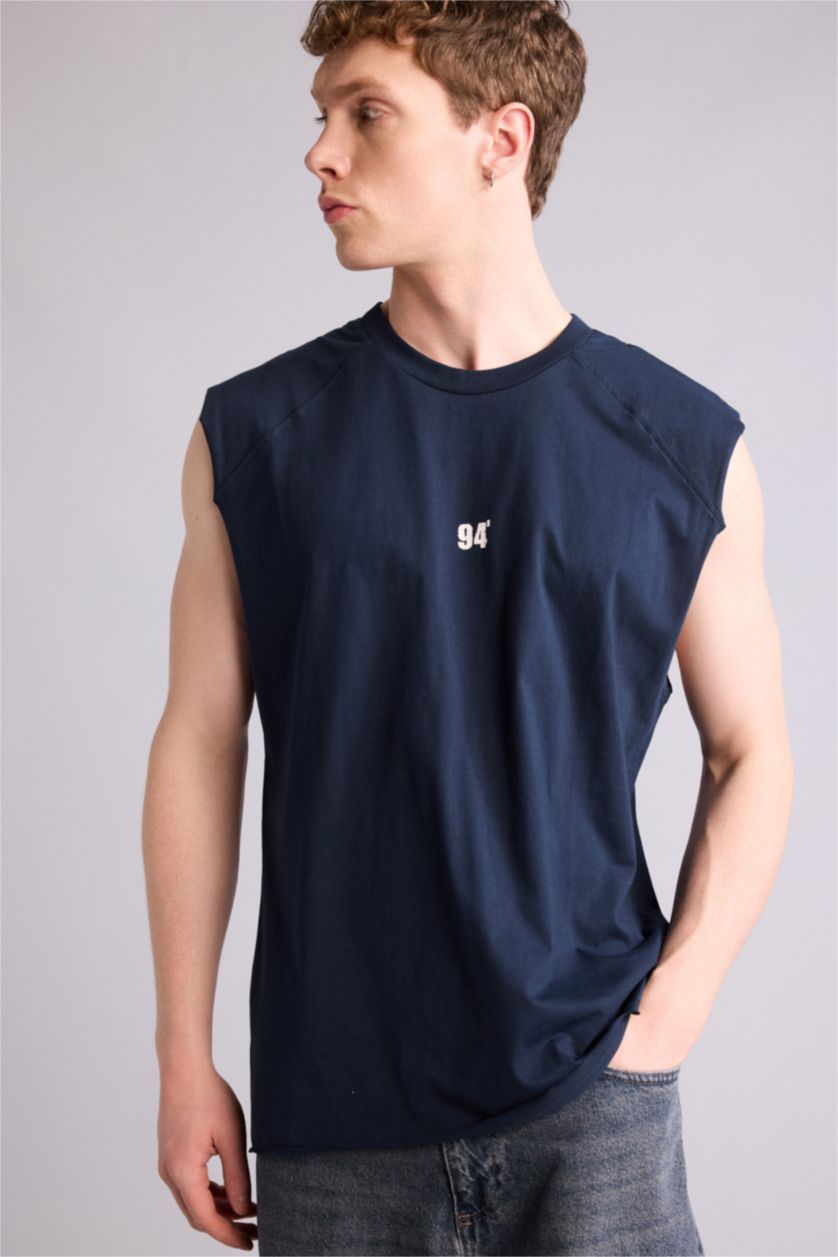 MAN NAVY Boxy Fit Slogan Pattern Crew Neck Short Sleeve Tank Top