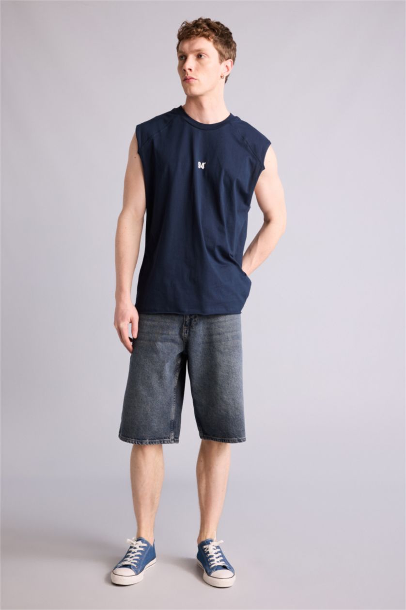 MAN NAVY Boxy Fit Slogan Pattern Crew Neck Short Sleeve Tank Top