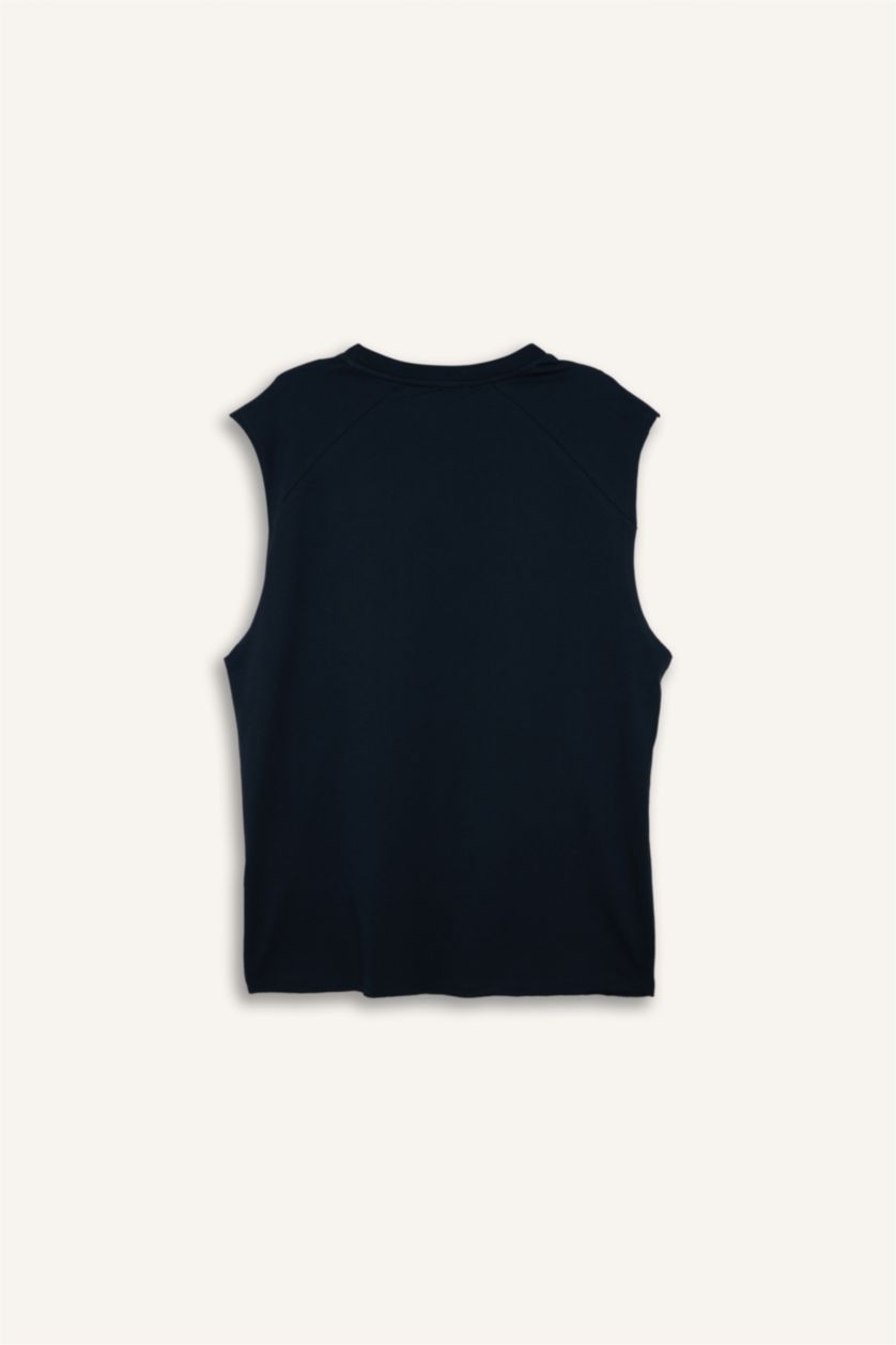 Erkek Lacivert Boxy Fıt Slogan Desenli Bisiklet Yaka Atlet