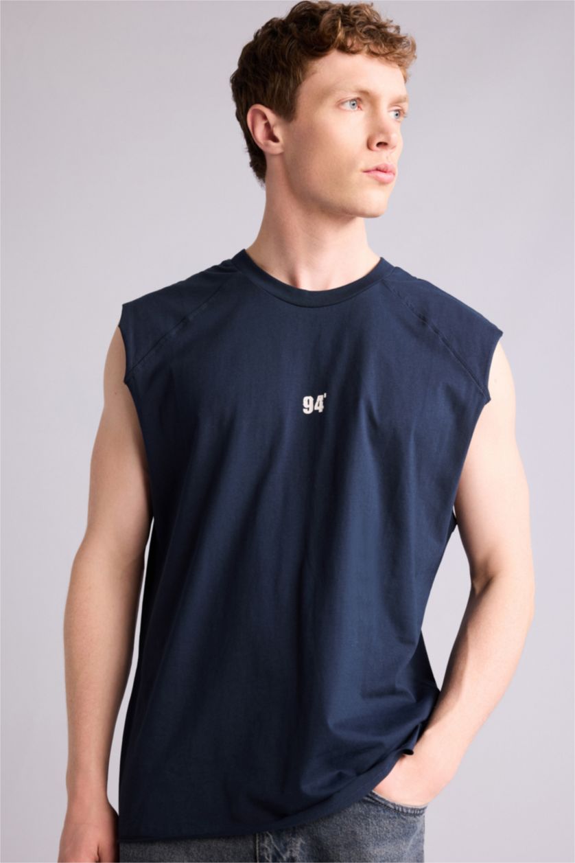MAN NAVY Boxy Fit Slogan Pattern Crew Neck Short Sleeve Tank Top
