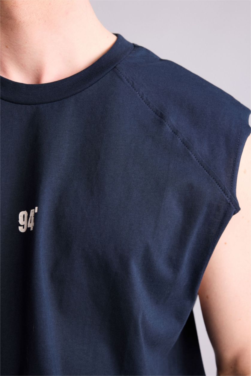 MAN NAVY Boxy Fit Slogan Pattern Crew Neck Short Sleeve Tank Top