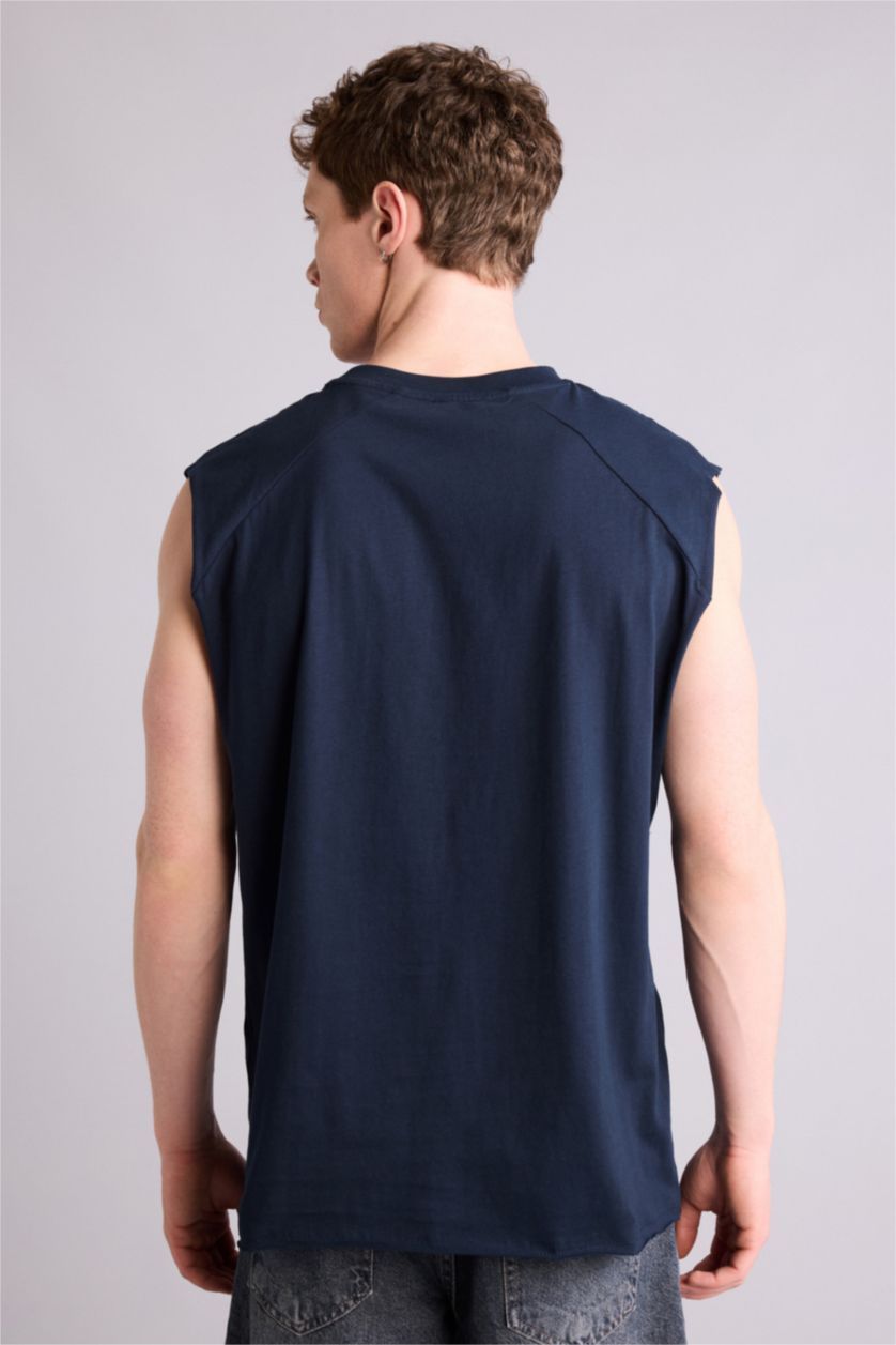 MAN NAVY Boxy Fit Slogan Pattern Crew Neck Short Sleeve Tank Top