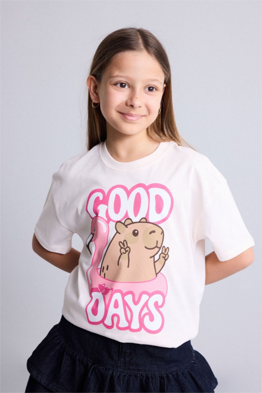Young Girls - Teen Girls Light Pink Relax Fit Animal Short Sleeve T-Shirt